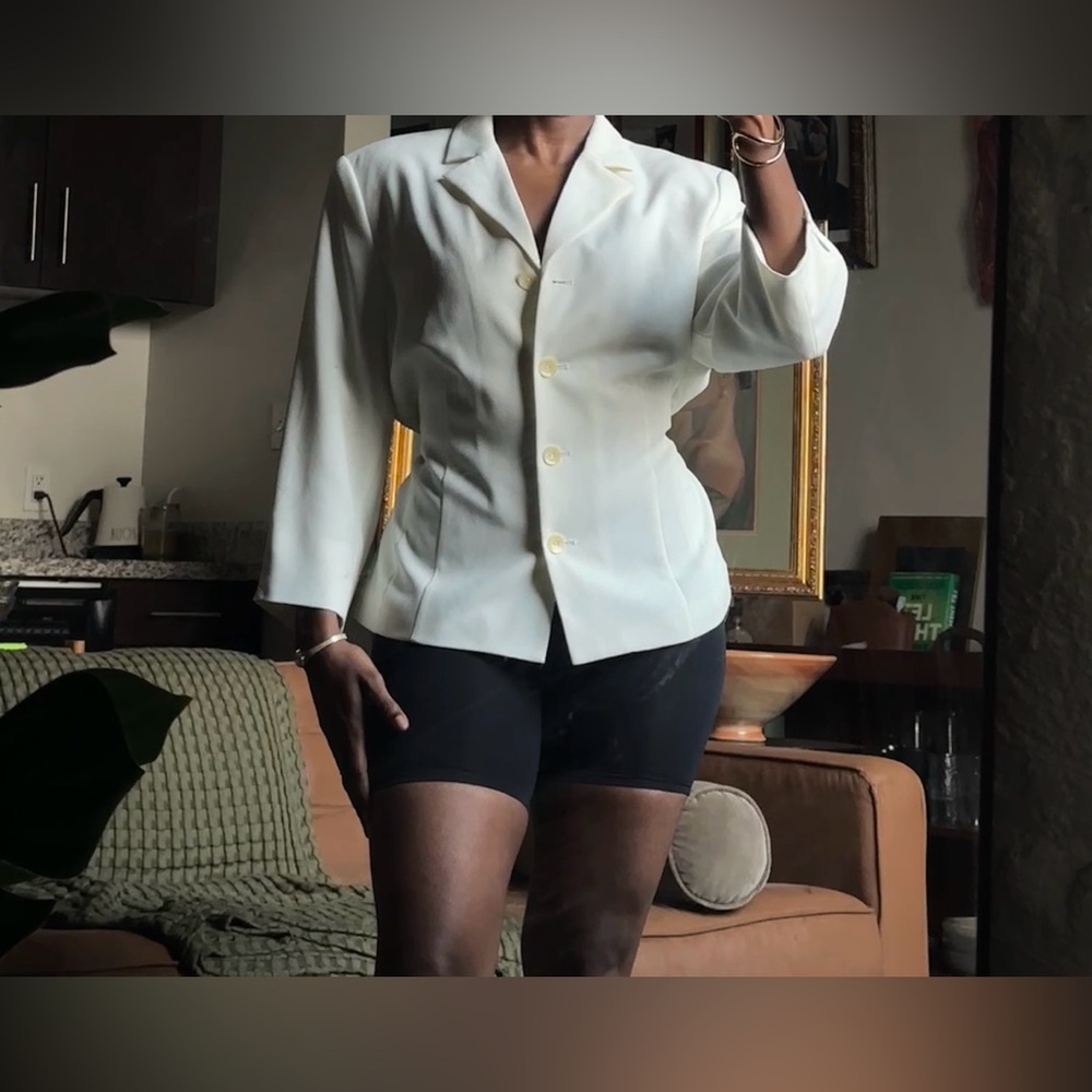 VTG Karen Scott Ivory Notch Lapel Blazer Suit Tie Back Jacket Shoulder Pads, 18
